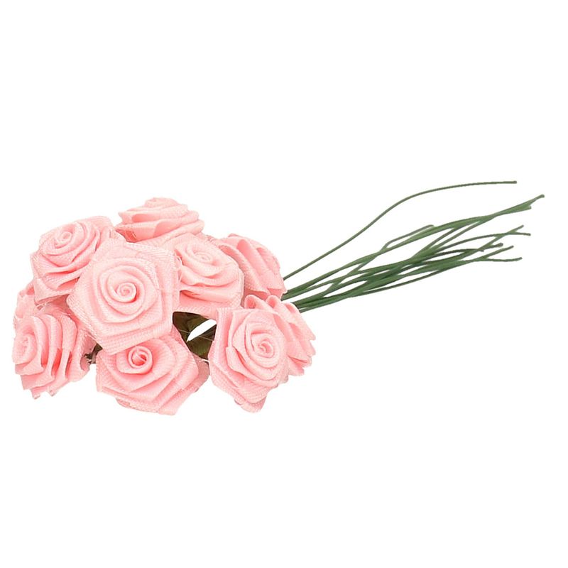 Foto van 12x stuks roze roosjes van satijn 12 cm - kunstbloemen