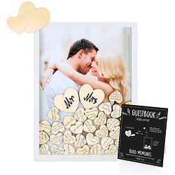 Foto van Fissaly® bruiloft & huwelijk gastenboek met 100 stuks houten hartjes - trouwdag feest decoratie - receptieboek - cadeau