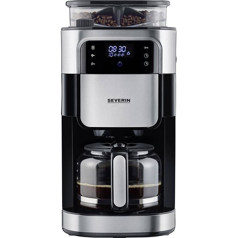 Foto van Severin 21,5x43x31,5 cm (bxhxt) mahl- und koffiezetapparaat zwart, rvs (geborsteld) capaciteit koppen: 10 display, glazen kan, met koffiemolen, timerfunctie,
