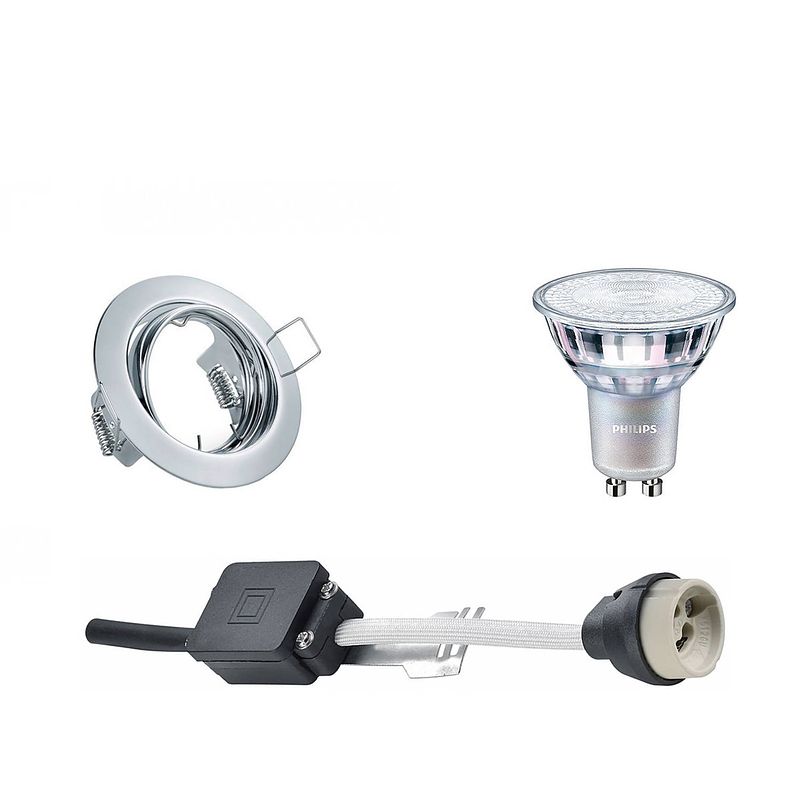 Foto van Led spot set - gu10 fitting - inbouw rond - glans chroom - kantelbaar ø83mm - philips - master 927 36d vle - 3.7w - warm