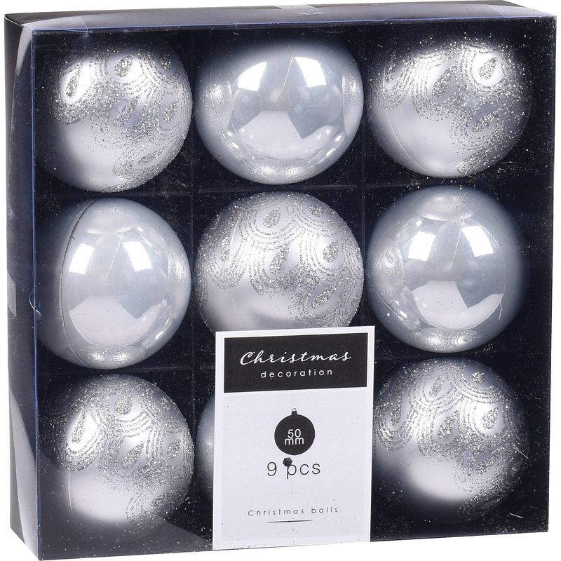 Foto van 9x kerstboomversiering luxe kunststof kerstballen zilver 5 cm - kerstbal