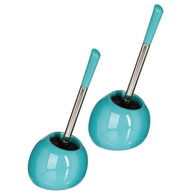 Foto van 2x stuks wc-/toiletborstel met houder rond turquoise glans keramiek 36 cm - toiletborstels