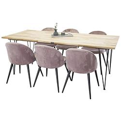 Foto van Bali eethoek eetkamertafel teakhout en 6 velvet eetkamerstal velours roze, zwart.