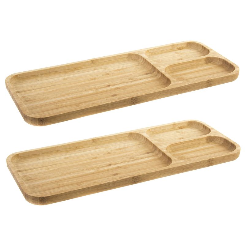 Foto van Set van 2x stuks bamboe houten 3-vaks barbecuebord 39 x 16 x 2 cm - serveerbladen/serveerbord/barbecuebord met vakjes
