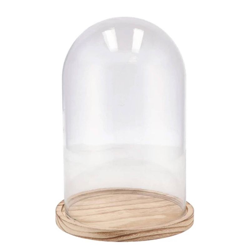 Foto van Dk design decoratie stolp - glas - houten bruin plateau - d12 x h16 cm - decoratieve stolpen