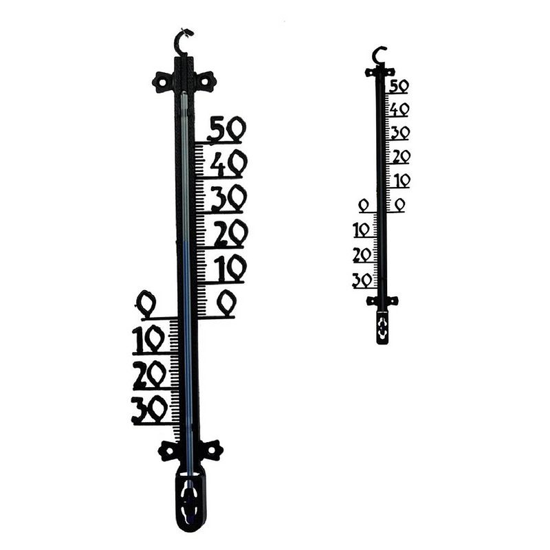 Foto van 2x buitenthermometers tuin / buiten zwart 25 cm en 65 cm - buitenthermometers