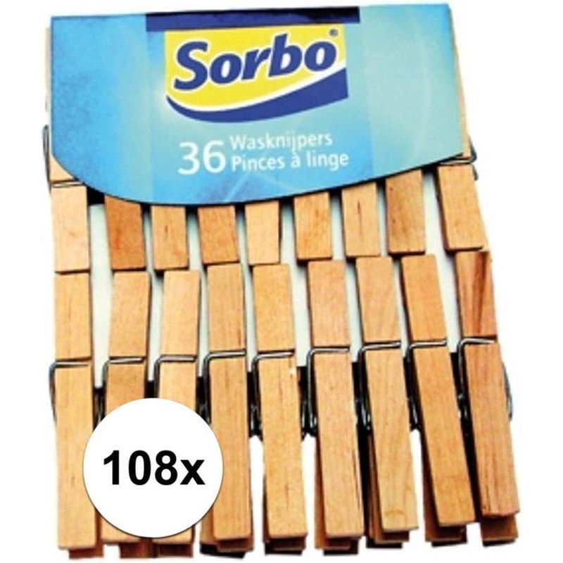 Foto van Sorbo wasknijpers - hout - 108 stuks (3x36)