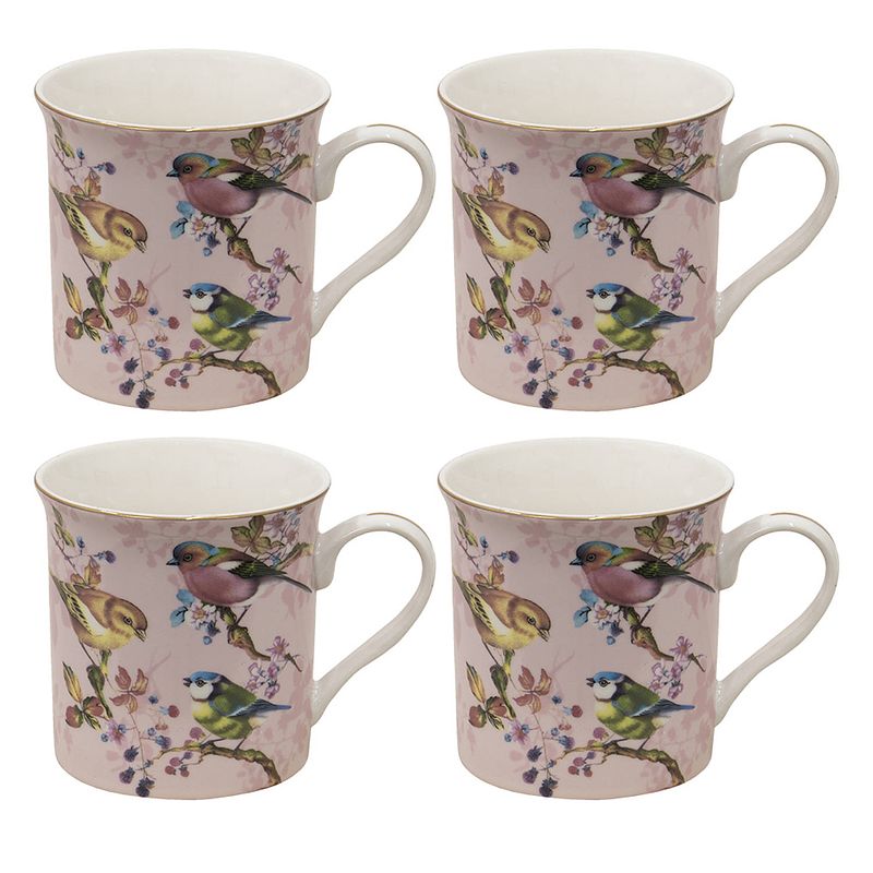 Foto van Haes deco - mokken set van 4 - 12x8x9 cm / 330 ml - met vogeltjes - three birds