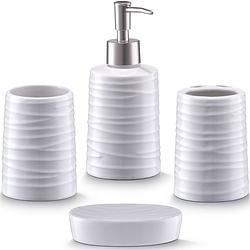 Foto van Witte badkamer/toilet accessoires set 4-delig met strepen relief van keramiek - badkameraccessoireset
