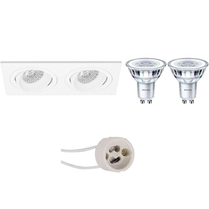 Foto van Led spot set - pragmi borny pro - gu10 fitting - inbouw rechthoek dubbel - mat wit - kantelbaar - 175x92mm - philips -