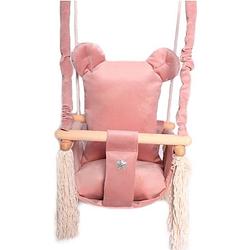 Foto van Luxe houten handgemaakte roze baby schommel en kinder schommel met beer oor vormig kussen
