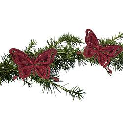 Foto van 2x stuks kerstboom decoratie vlinders op clip glitter bordeaux rood 14 cm - kersthangers