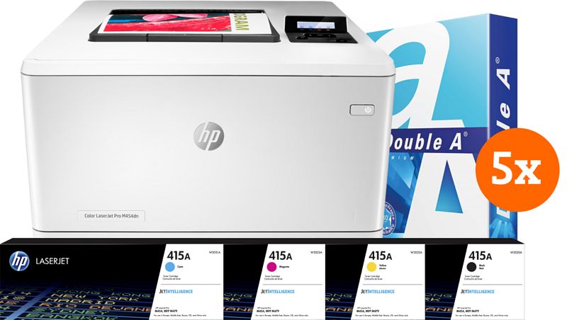 Foto van Hp color laserjet pro m454dn + 1 extra set toners + 2500 vellen a4 papier