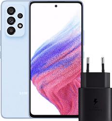 Foto van Samsung galaxy a53 256gb blauw 5g +  samsung 25 watt snellader zwart