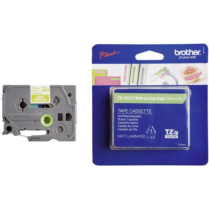 Foto van Brother tze-mqg35 labeltape mat tapekleur: appelgroen (mat) tekstkleur: wit 12 mm 5 m