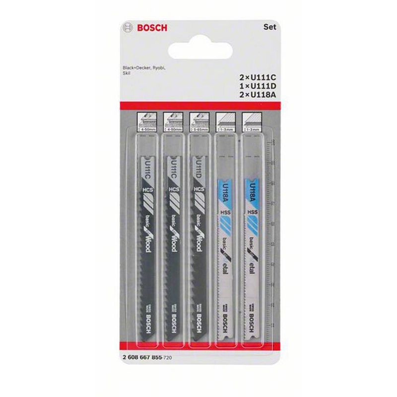 Foto van Bosch accessories 2608667855 decoupeerzaagblad-set basic for wood and metal, 5-delig, universele schacht 5 stuk(s)