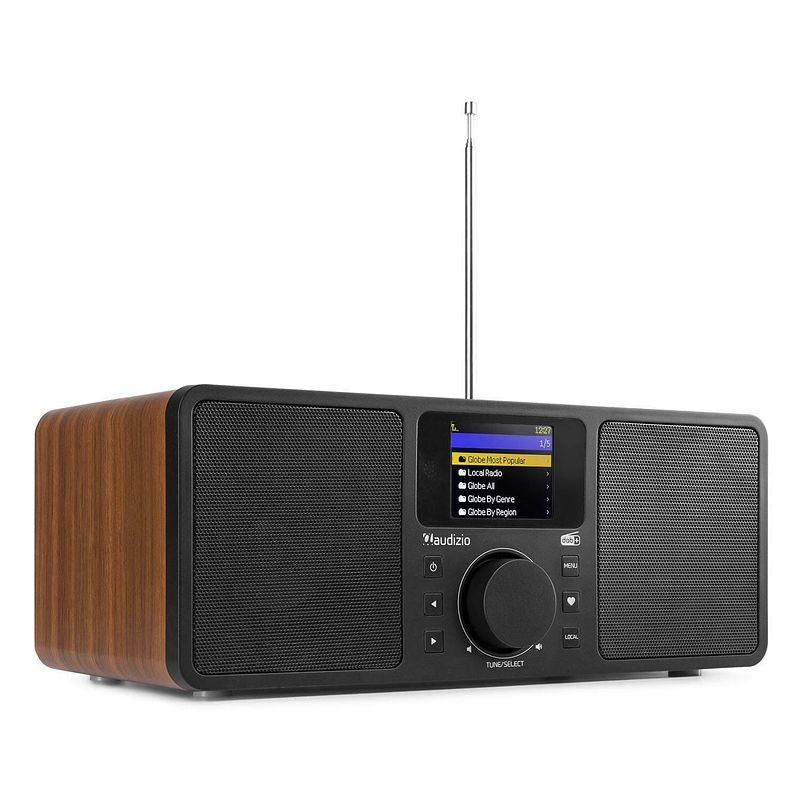 Foto van Dab radio met bluetooth en internetradio - audizio rome - wekkerradio - wifi - aux - 2 speakers - hout