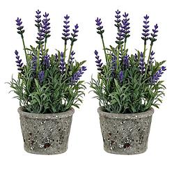 Foto van Items lavendel bloemen kunstplant in bloempot - 2x - paarse bloemen - 10 x 22 cm - bloemstuk - kunstplanten