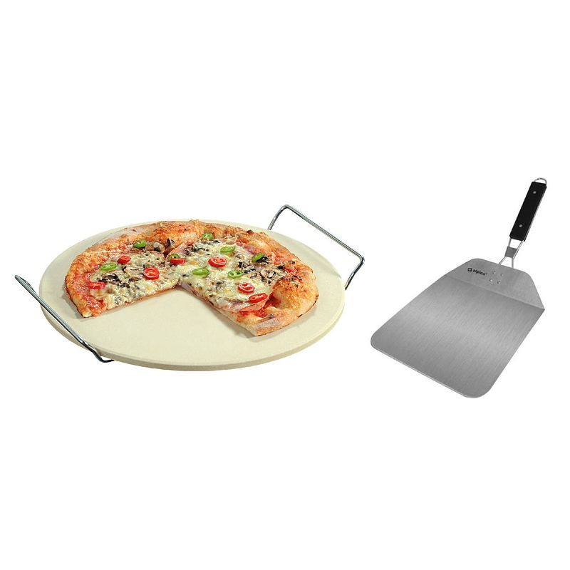 Foto van Keramieken pizzasteen rond 33 cm met handvaten en inklapbare rvs pizzaschep 25 cm - pizzaplaten