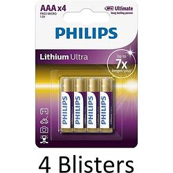 Foto van 16 stuks (4 blisters a 4 st) philips aaa lithium ultra batterijen