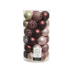 Foto van 37x stuks kunststof kerstballen roze/donkerrood/champagne mix 6 cm - kerstbal