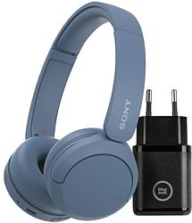 Foto van Sony wh-ch520 blauw + bluebuilt quick charge oplader met usb a poort 18w zwart