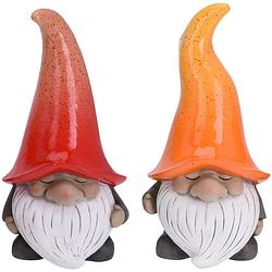 Foto van Tuinkabouters beeldjes - set 2x - grumpy - polystone - rood en oranje - 32 cm - tuinbeelden