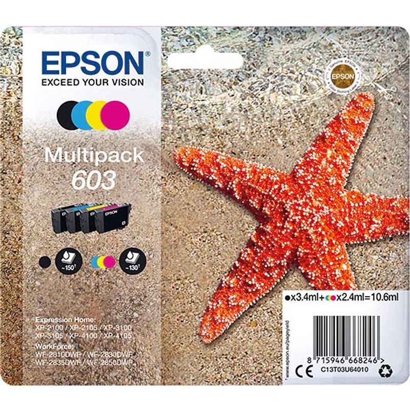 Foto van Epson inktcartridge 603, 130-150 pagina'ss, oem c13t03u64010, 4 kleuren 8 stuks