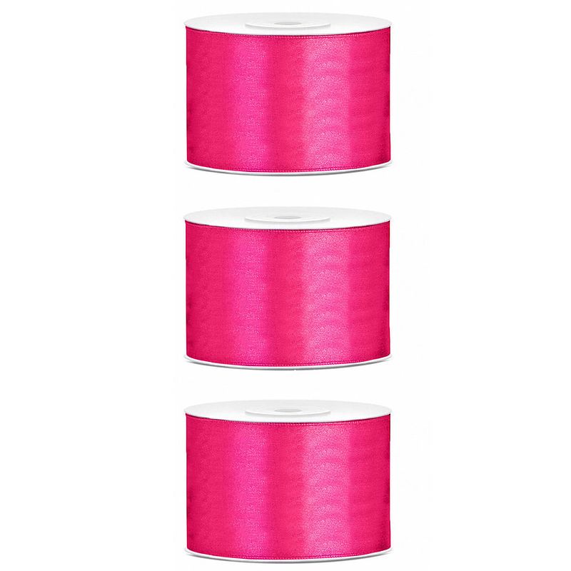 Foto van 3x hobby/decoratie fuchsia roze satijnen sierlinten 5 cm/50 mm x 25 meter - cadeaulinten