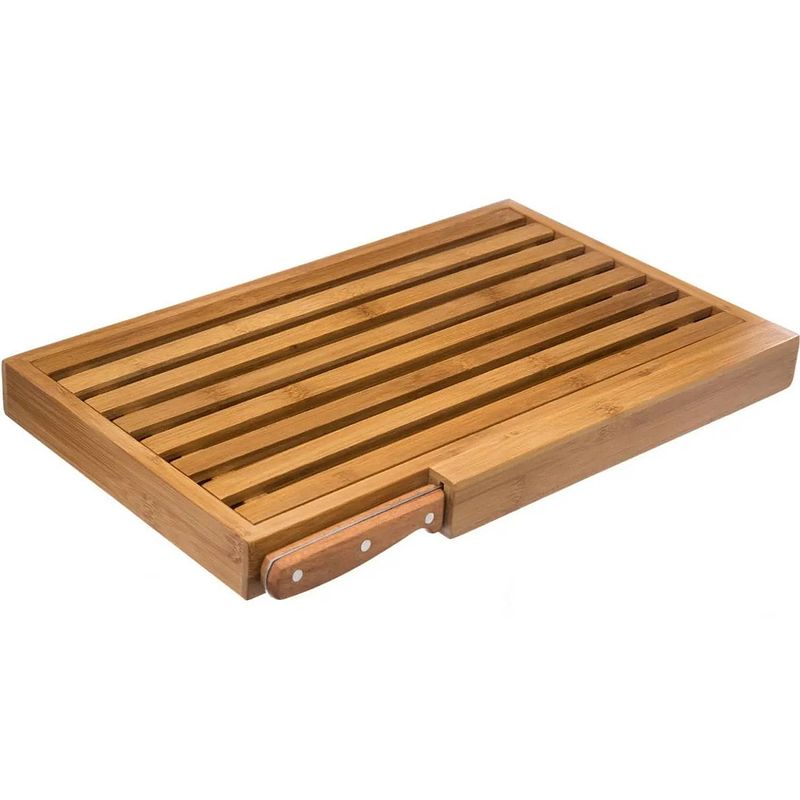 Foto van Brood snijplank met kruimel opvangbak 44 x 27 cm van bamboe hout inclusief broodmes - snijplanken