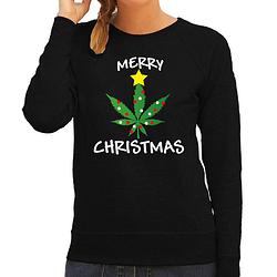 Foto van Foute humor kersttrui wiet kerst sweater zwart voor dames 2xl - kerst truien