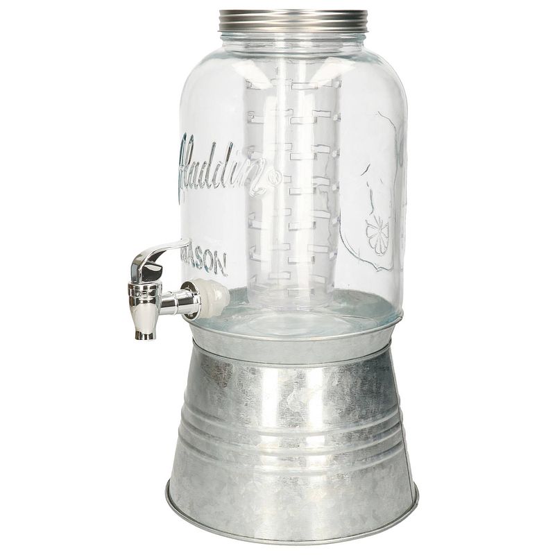 Foto van Glazen drankdispenser/limonadetap op voet met zilver kleur dop/voet/tap 3.8 liter - drankdispensers