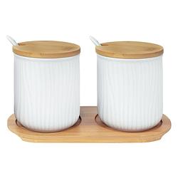 Foto van Krumble 2 keramieke potjes met lepels op ronde houten plankje - wit + wit