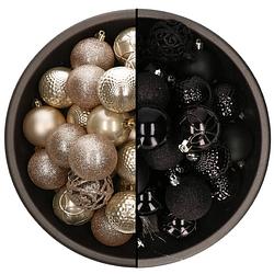 Foto van 74x stuks kunststof kerstballen mix van champagne en zwart 6 cm - kerstbal