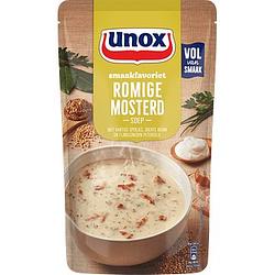 Foto van 2 zakken soep a 570 ml, pakken cupasoup a 3 stuks of single verpakkingen noodles of pasta | unox smaakfavoriet soep in zak romige mosterd 570ml aanbieding bij jumbo