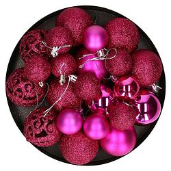 Foto van Kerstballen - 50x stuks - felroze - 3, 4, 6 cm - kunststof - mat/glans/glitter - kerstbal