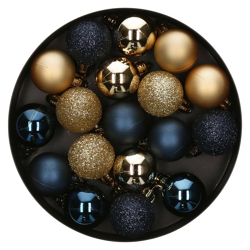 Foto van 18x stuks kerstballen blauw/goud glans en mat kunststof 3 cm - kerstbal