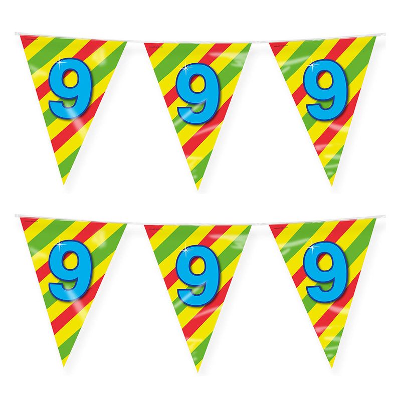 Foto van Paperdreams verjaardag 9 jaar thema vlaggetjes - 2x - feestversiering - 10m - folie - dubbelzijdig - vlaggenlijnen