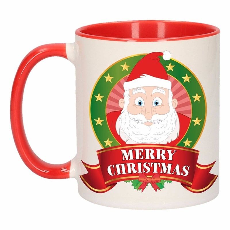 Foto van 1x kerst beker / mok - rood met wit - 300 ml keramiek - kerstman print