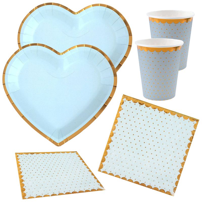 Foto van Feest wegwerp servies set - hartje - 20x bordjes / 20x bekers / 20x servetten - blauw/goud - feestpakketten