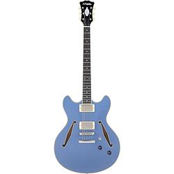 Foto van D'sangelico excel dc tour slate blue semi-akoestische gitaar met gigbag