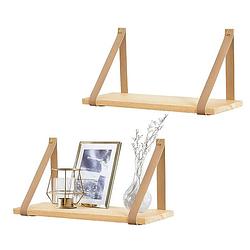 Foto van Fedec houten planken - boekenplank zwevend - pu houders - set van 2