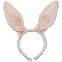 Foto van Wit/roze konijn/haas oren verkleed diadeem voor kids/volwassenen - verkleedaccessoires - feestartikelen