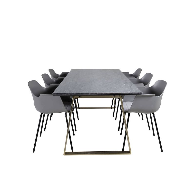 Foto van Estelleblbr eethoek eetkamertafel zwart, marmer en 6 comfort eetkamerstal grijs.