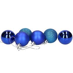 Foto van 6x stuks kerstballen blauw mix van mat/glans/glitter kunststof 4 cm - kerstbal