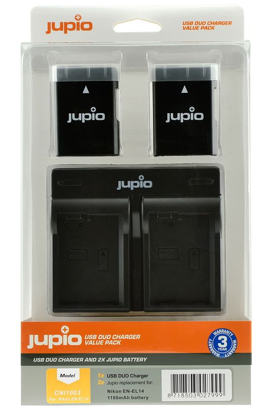 Foto van Jupio kit: 2 x camera-accu en-el14 1100mah + usb dual lader