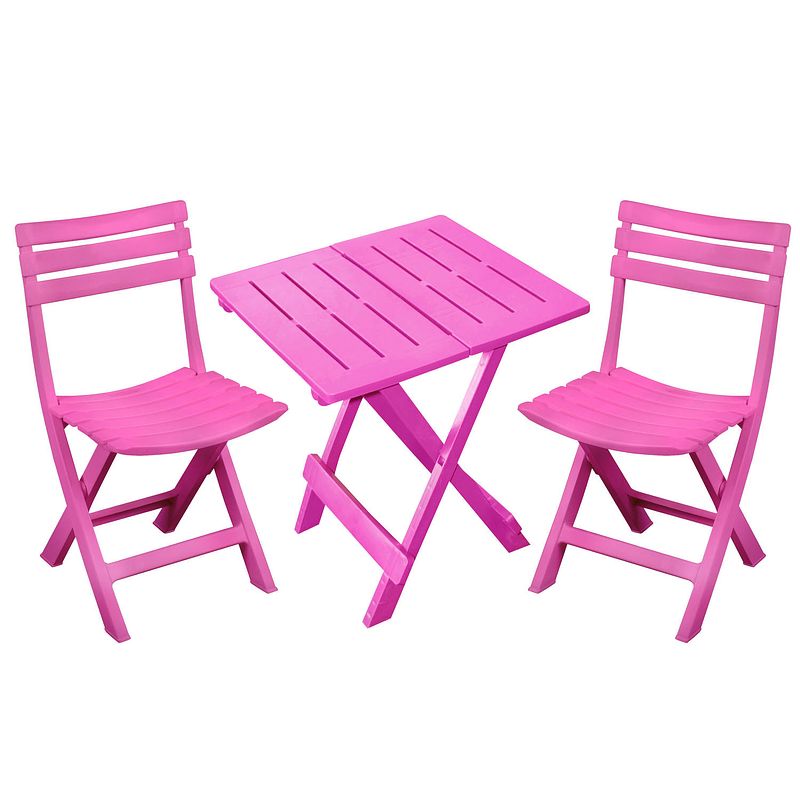 Foto van Sunnydays klapstoelen 2x met bijzettafeltje set - buiten - roze - kunststof - klapstoelen