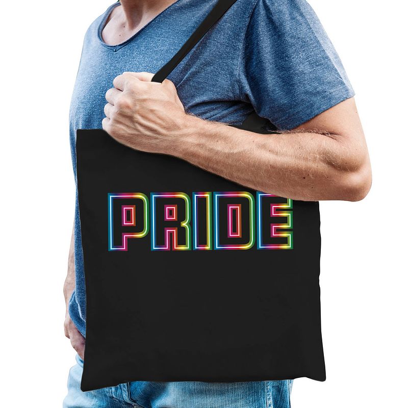 Foto van Bellatio decorations gay pride tekst tas - pride - katoen - 42 x 38 cm - zwart - lhbti - feest boodschappentassen