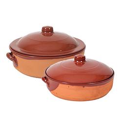 Foto van 2x terracotta braadpannen/ovenschalen met deksel 31 cm en 28 cm - braadpannen