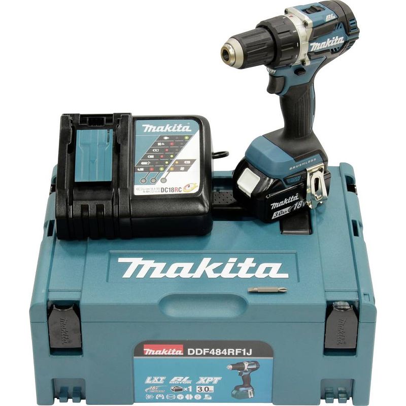 Foto van Makita makita ddf484rf1j accu-schroefboormachine 18 v 3.0 ah li-ion incl. accu, incl. lader, incl. koffer